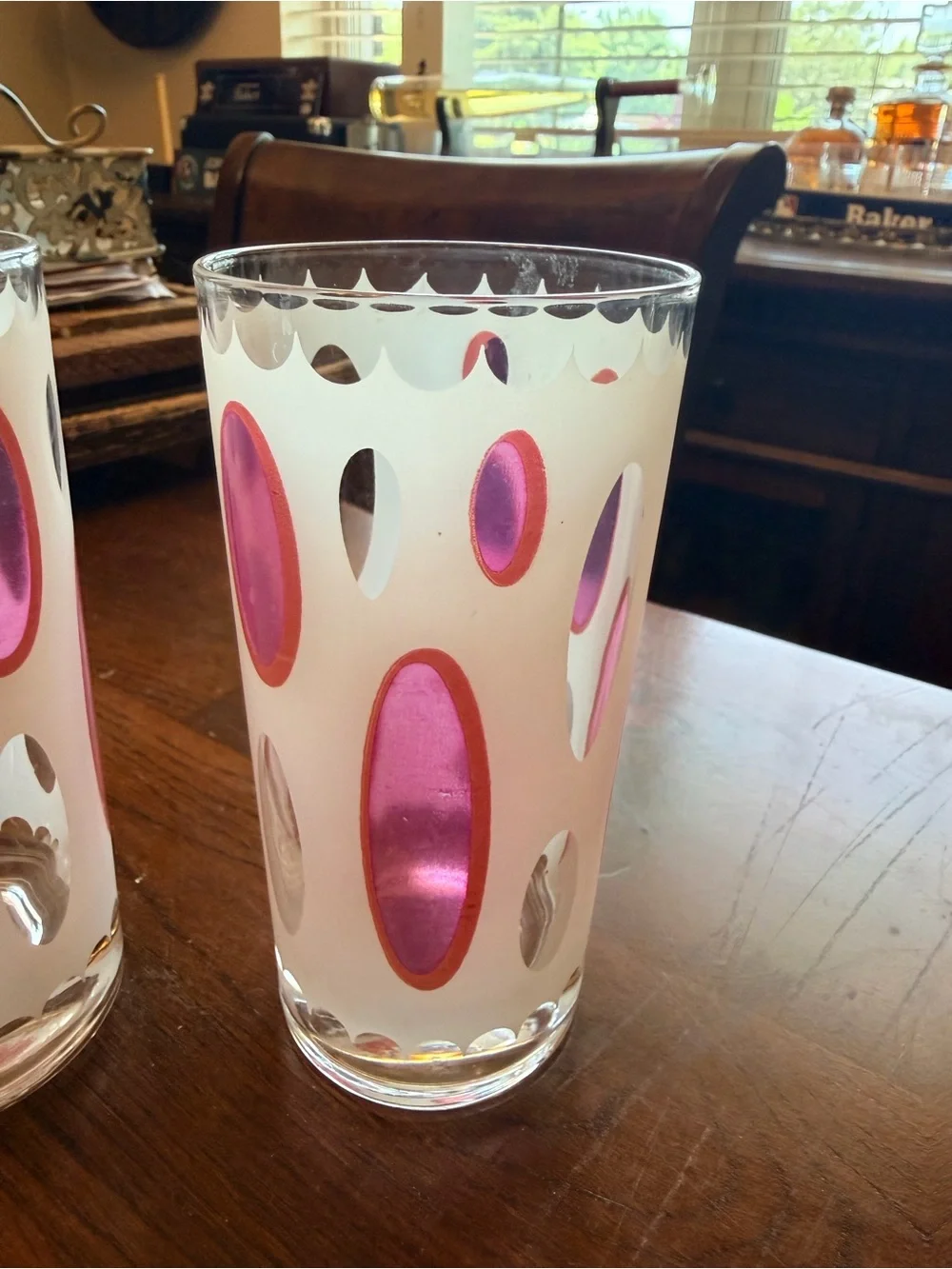 Vintage MCM Pair of Mid-Century Frosted Glass Tumblers with Pink Oval Insets Set